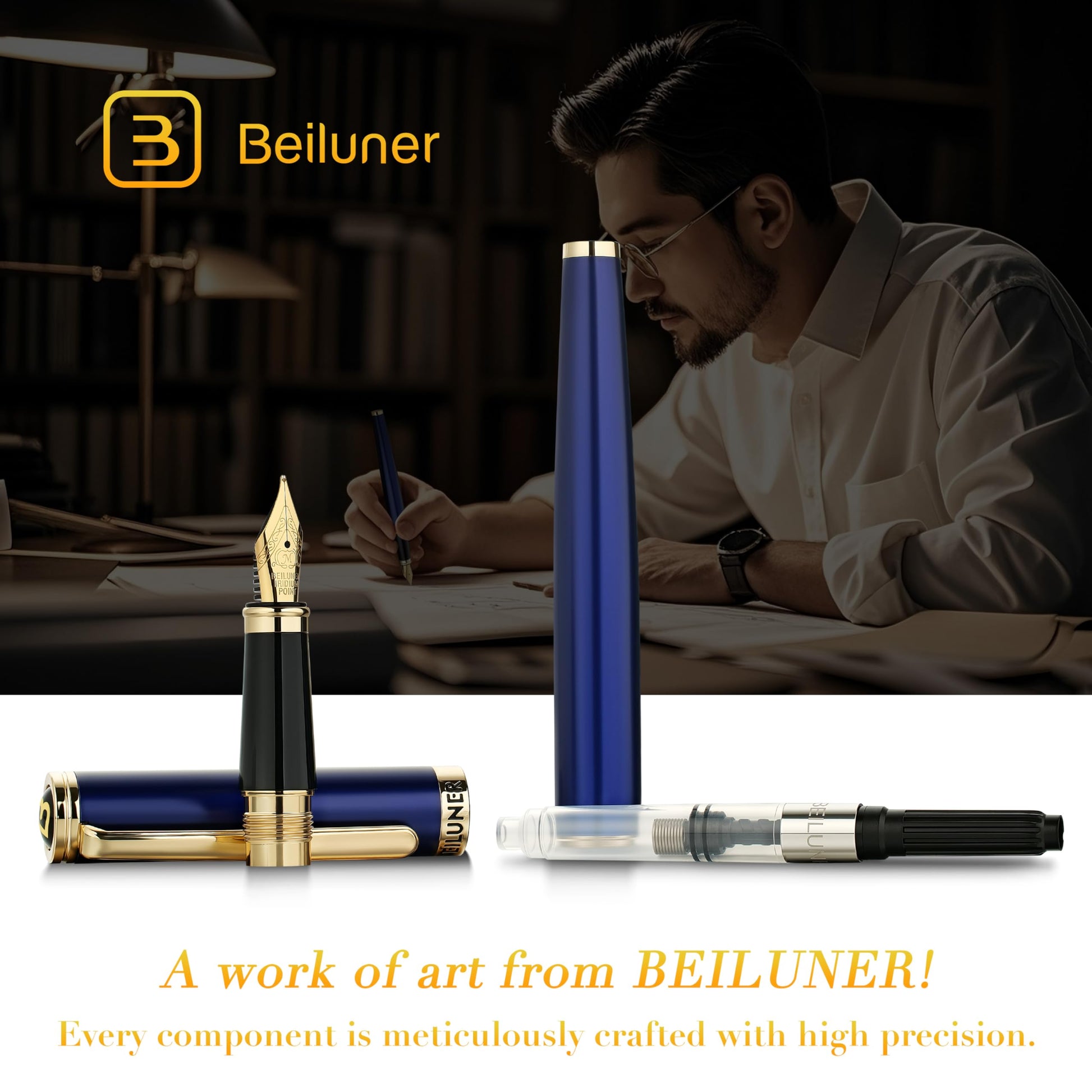 BEILUNER Blue Fountain Pen,Stunning Luxury Pens with 24K Gold Finish, Gorgeous 24K Gilded
