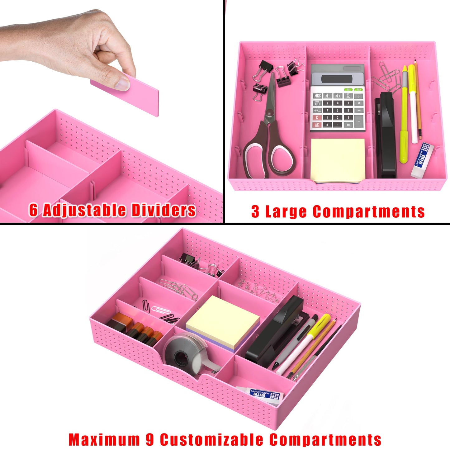 Simple Houseware Drawer Organizer Tray, 9 Adjustable Compartments, Pink