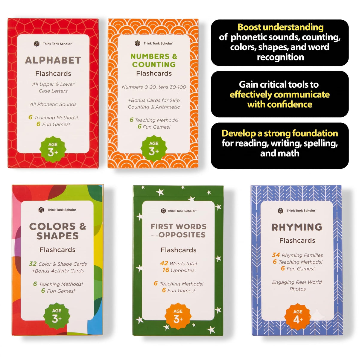 Award-Winning Flash Cards for Preschool & Kindergarten – 5-Deck Set, 180 Jumbo Cards – Learn