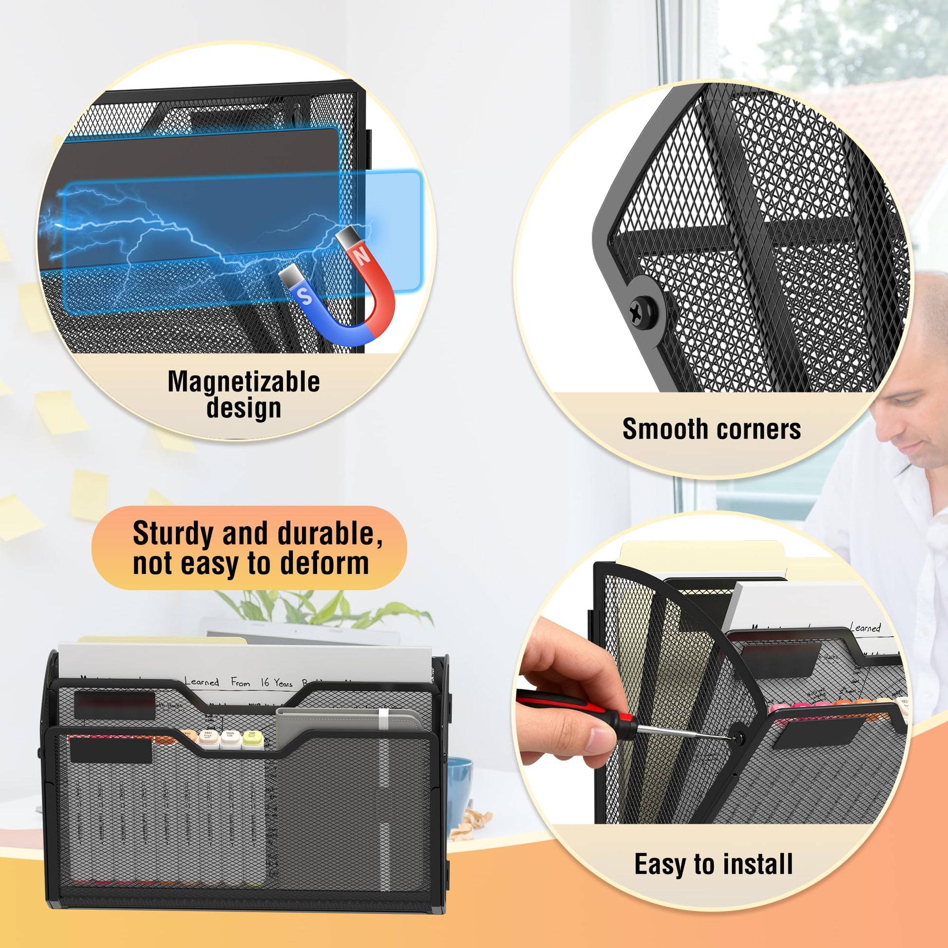 Docnest 3 Pack 3 Tier Dual-Mount Magnetic Mesh File Holders, Wall Organizer