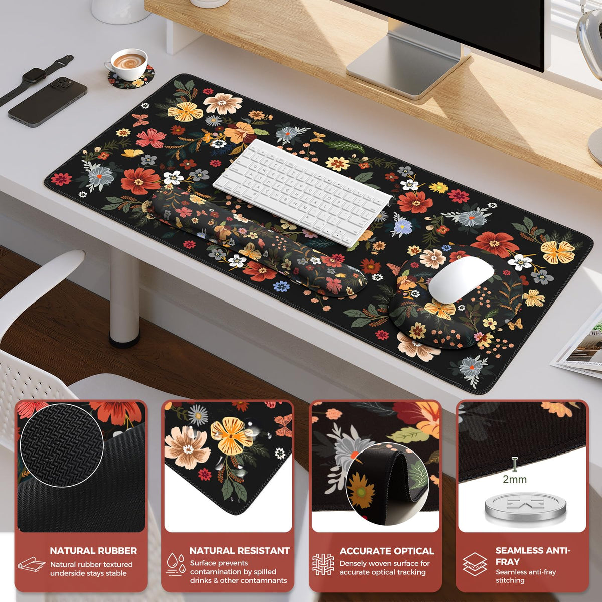 iCasso Desk Cover Mat, 4in1 Floral Large Mouse Pad with Wrist Rest