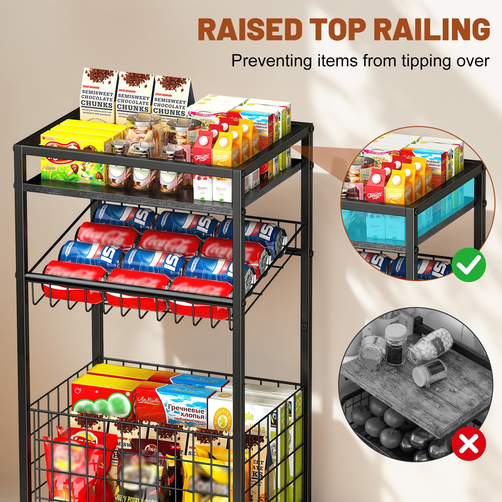 Kssiaz Fruit Vegetable Cart, 3-Tier Snack Cart on Wheels & Wood Top, Black