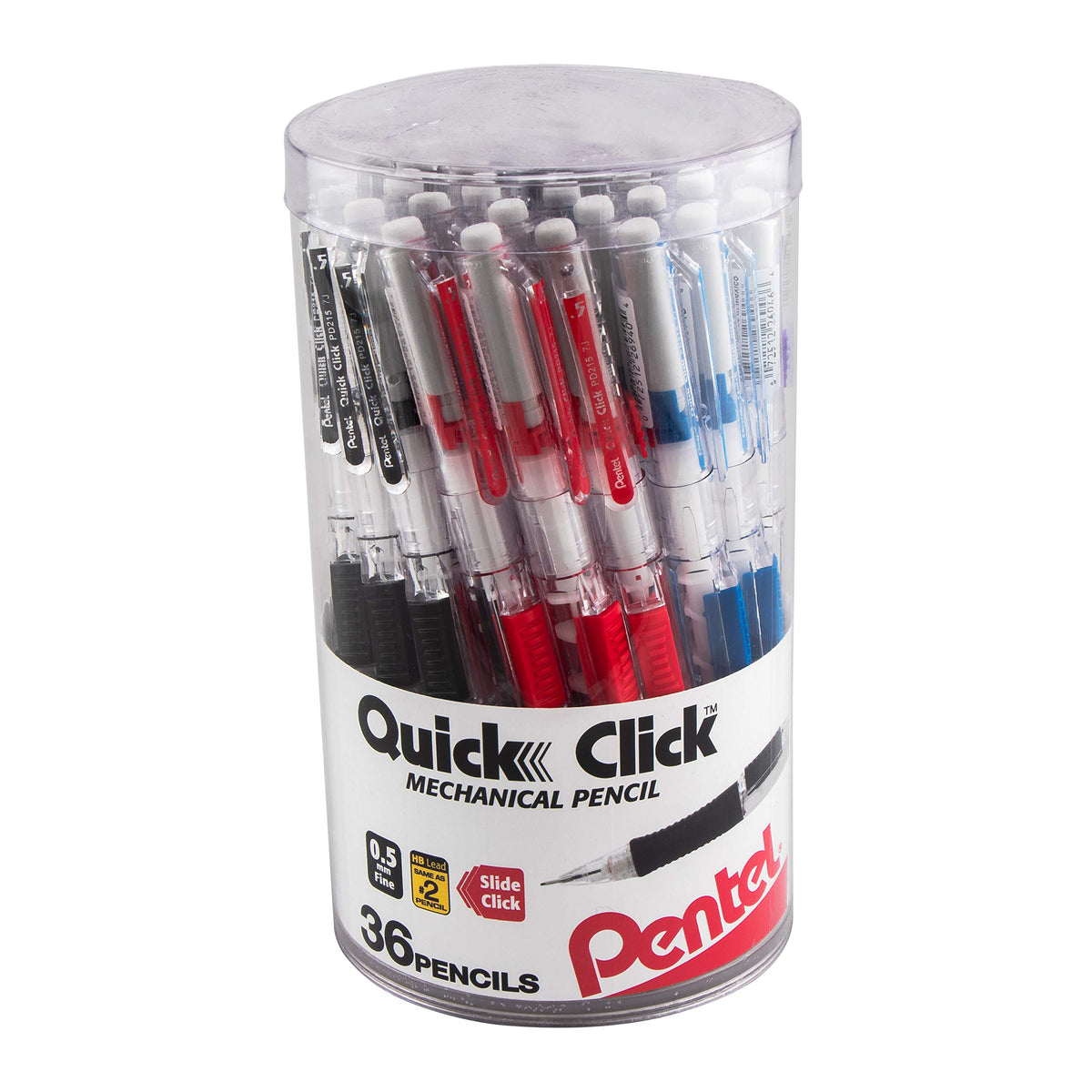 Pentel Quick Click Mechanical Pencil, (0.5mm) Fine Line, Canister, Assorted Colors (A/B/C/N/V)