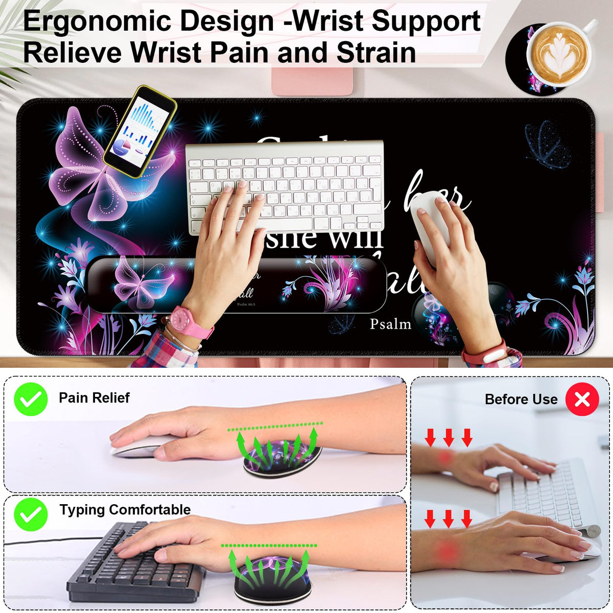 4 in 1 Mouse Pad and Keyboard Wrist Rest,Large Desk Mat,Coaster Set-Purple
