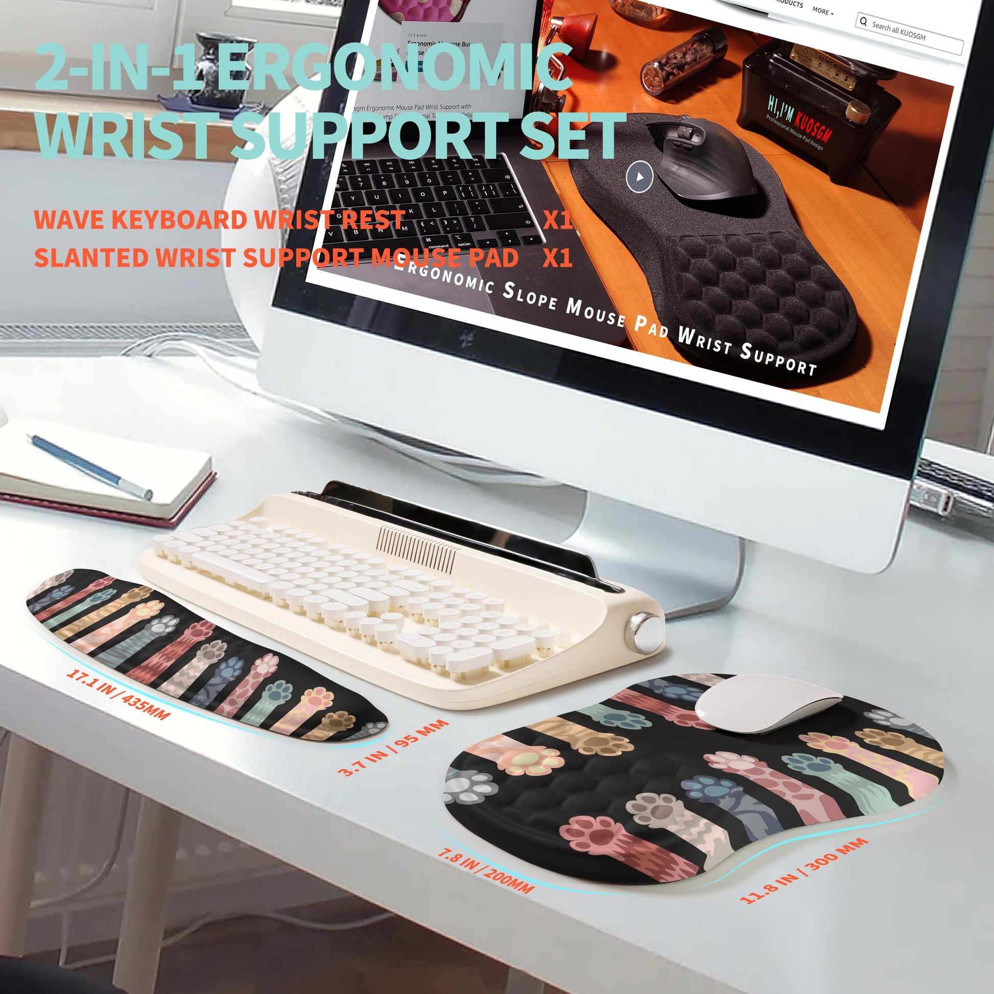 KUOSGM 2-in-1 Ergonomic Set, Wave Rise Keyboard Wrist Rest and Massage Bulge Slope Mouse Pad Wrist