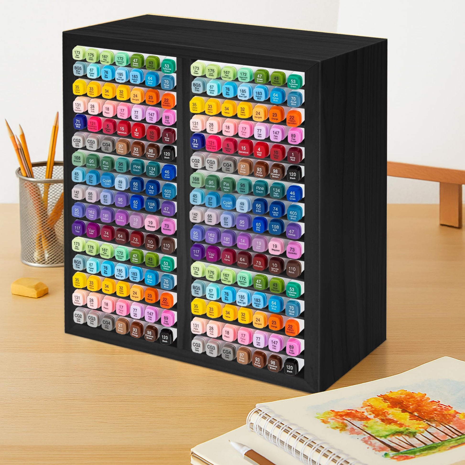 PROLEE Marker Organizer for 224 Markers, Wooden Alcohol Marker Holder with 32 Compartments