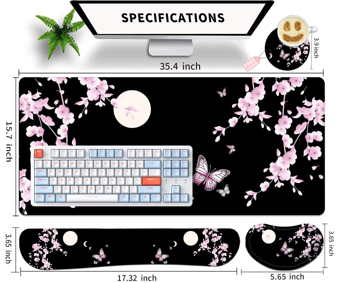 JYCUHTCL Large Gaming Mouse Pad Set 35.4 x 15.7 with Keyboard Wrist Rest, Wrist Support, and