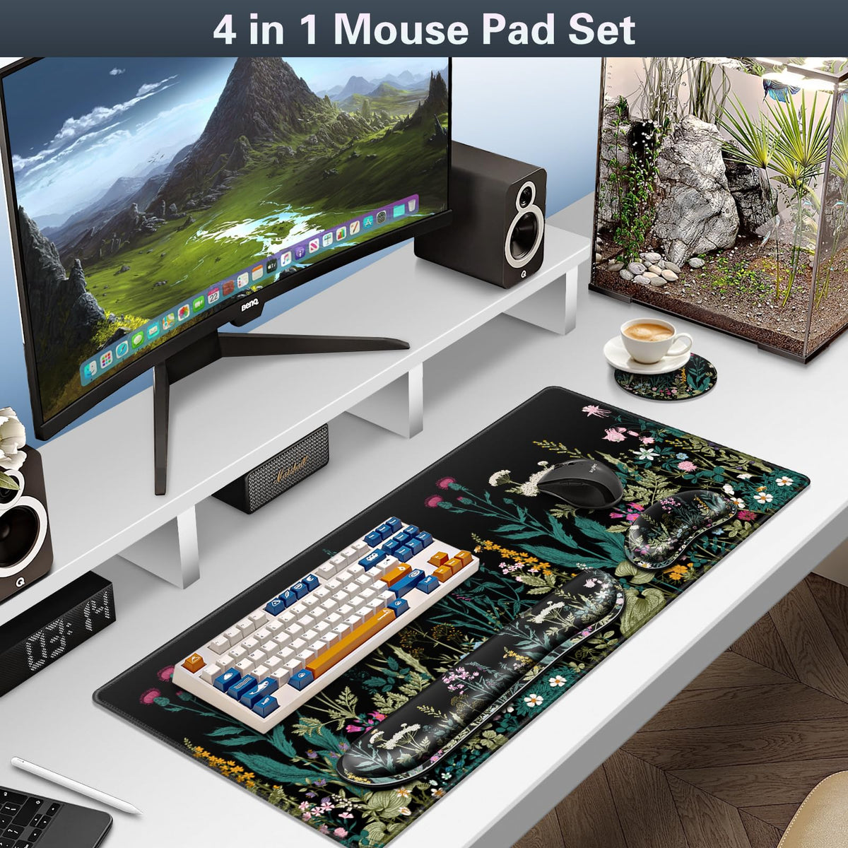 Canjoy Desk Mat with Wrist Rest, Desk Pad for Keyboard and Mouse 4-in-1 Mouse Pad + Keyboard Wrist