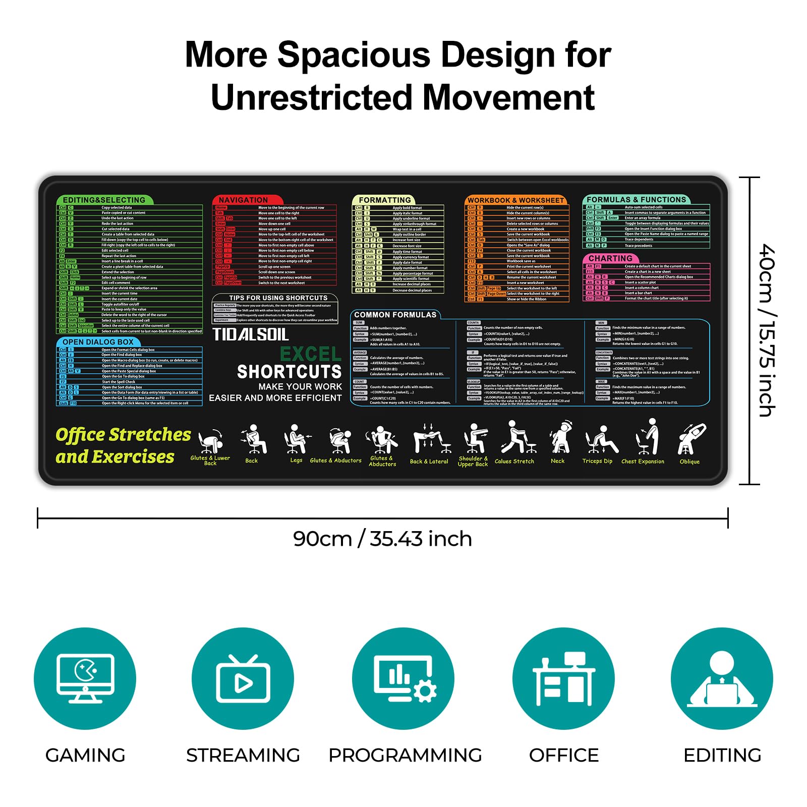 TIDALSOIL XXL Excel Shortcut Mouse Pad, Oversize Mat with Stretch Guide