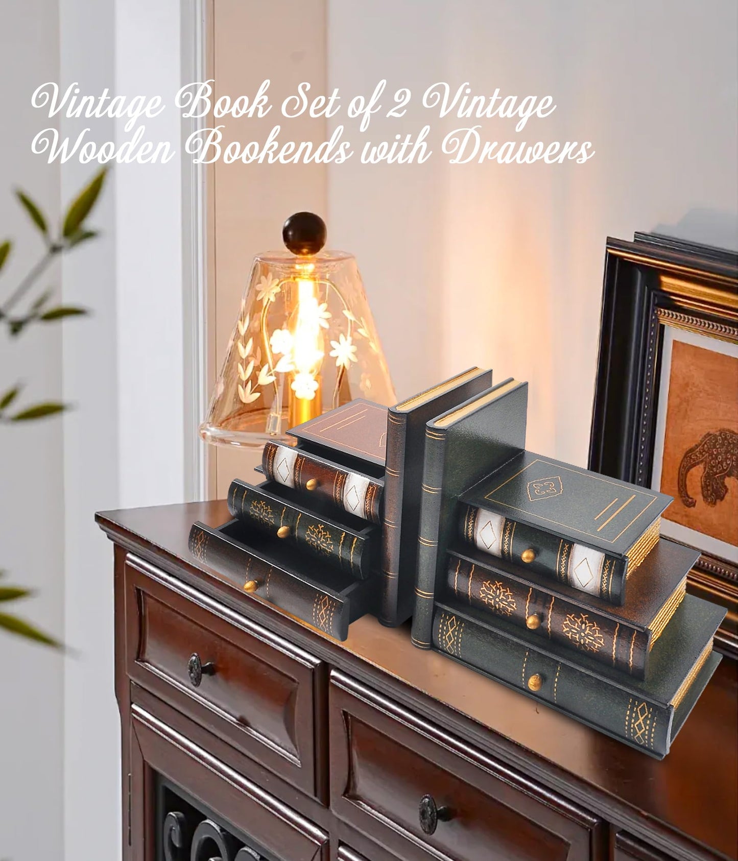 Vintage Wooden Bookends with Drawers – Decorative False Book Shelf Organizer for Home, Office, or