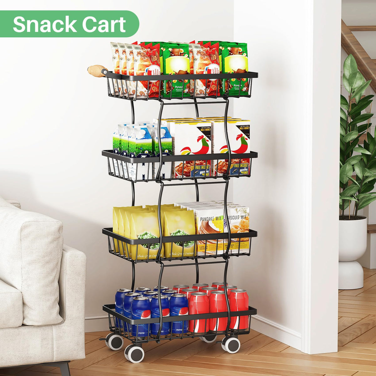 SAYZH 4-Tier Fruit Basket Stand with Vegetable Baskets for Kitchen, Black