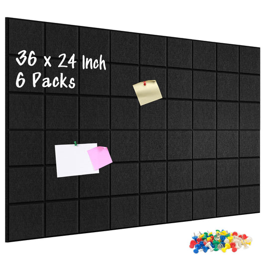 DOLLAR BOSS Felt Cork Board Tiles 6 Pcs 12"x12" Bulletin Board, Black Grid