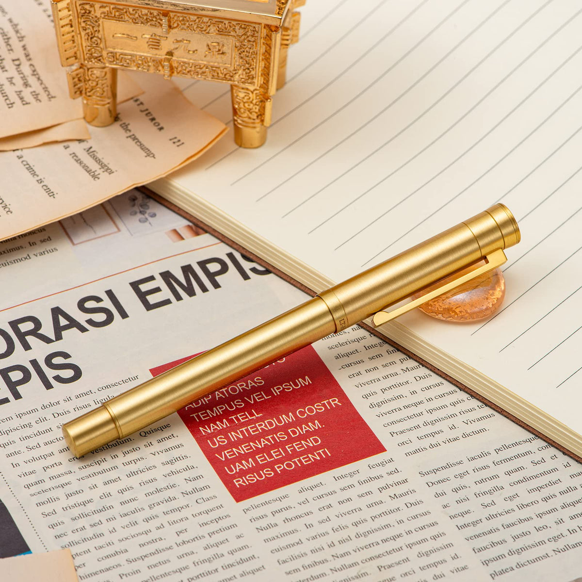 Hongdian 1861 Brass Fountain Pen Long Blade Nib, Classic Design Smooth Writing Pen with Converter