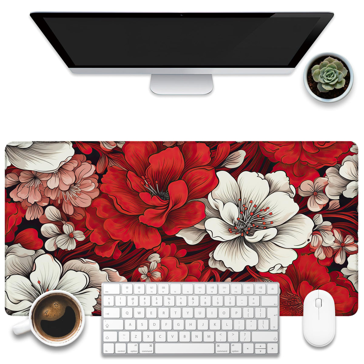 KOAIWPAE Desk Pad, Red and White Flowers Desk Mat, Retro Red Floral Large Gaming Mouse Pad