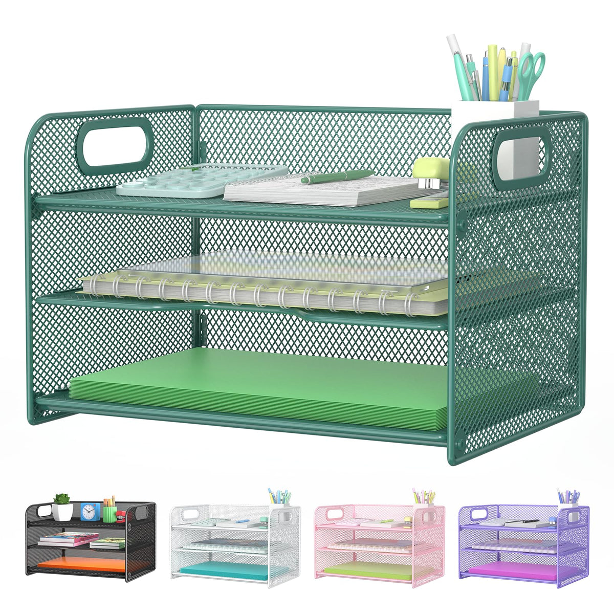 Samstar 3 Tier Green Letter Tray Paper Organizer with Handle, Mesh Desk Organizer Paper Sorter File