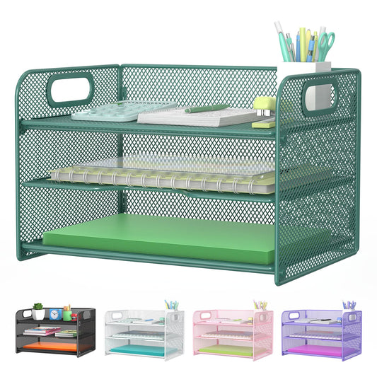 Samstar 3 Tier Green Letter Tray Paper Organizer with Handle, Mesh Desk Organizer Paper Sorter File