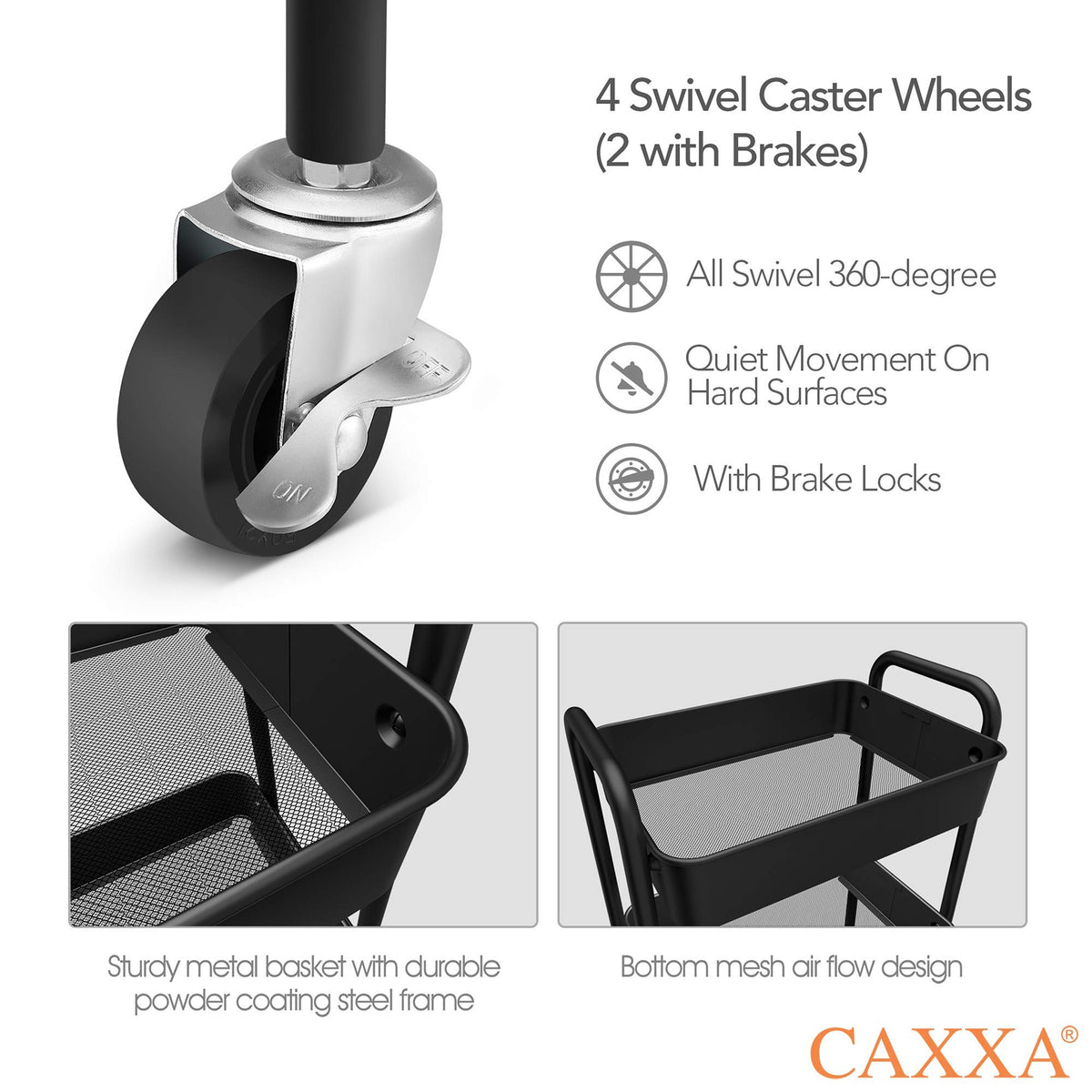 CAXXA 3-Tier Rolling Metal Storage Organizer - Mobile Utility Cart, Kitchen Cart with Caster Wheels