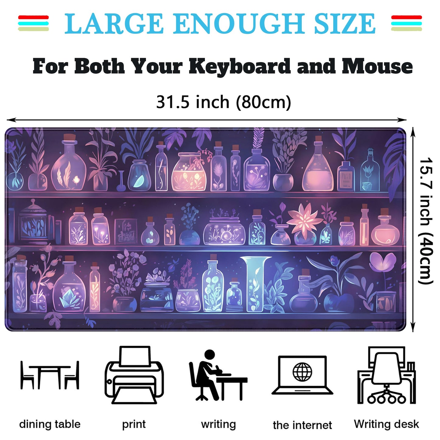 Cute Cozy Purple Gaming Desk Mat, Mystical Potion Bottles Mouse Pad XXL Large Extended Aesthetic