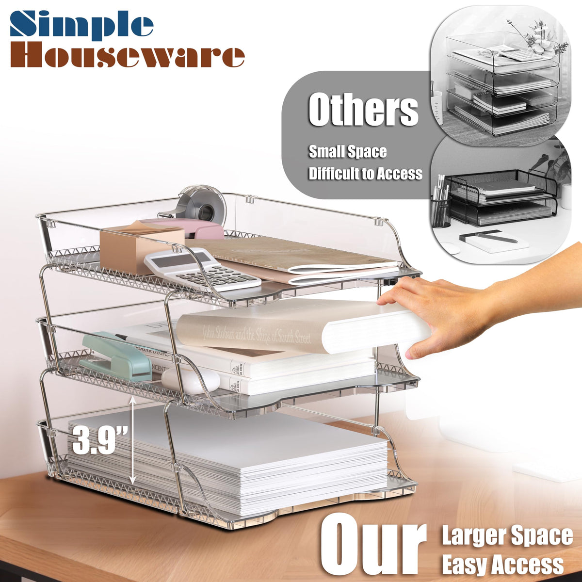 Simple Houseware 3-Tier Stackable Paper Tray for Desk Organizer, Clear