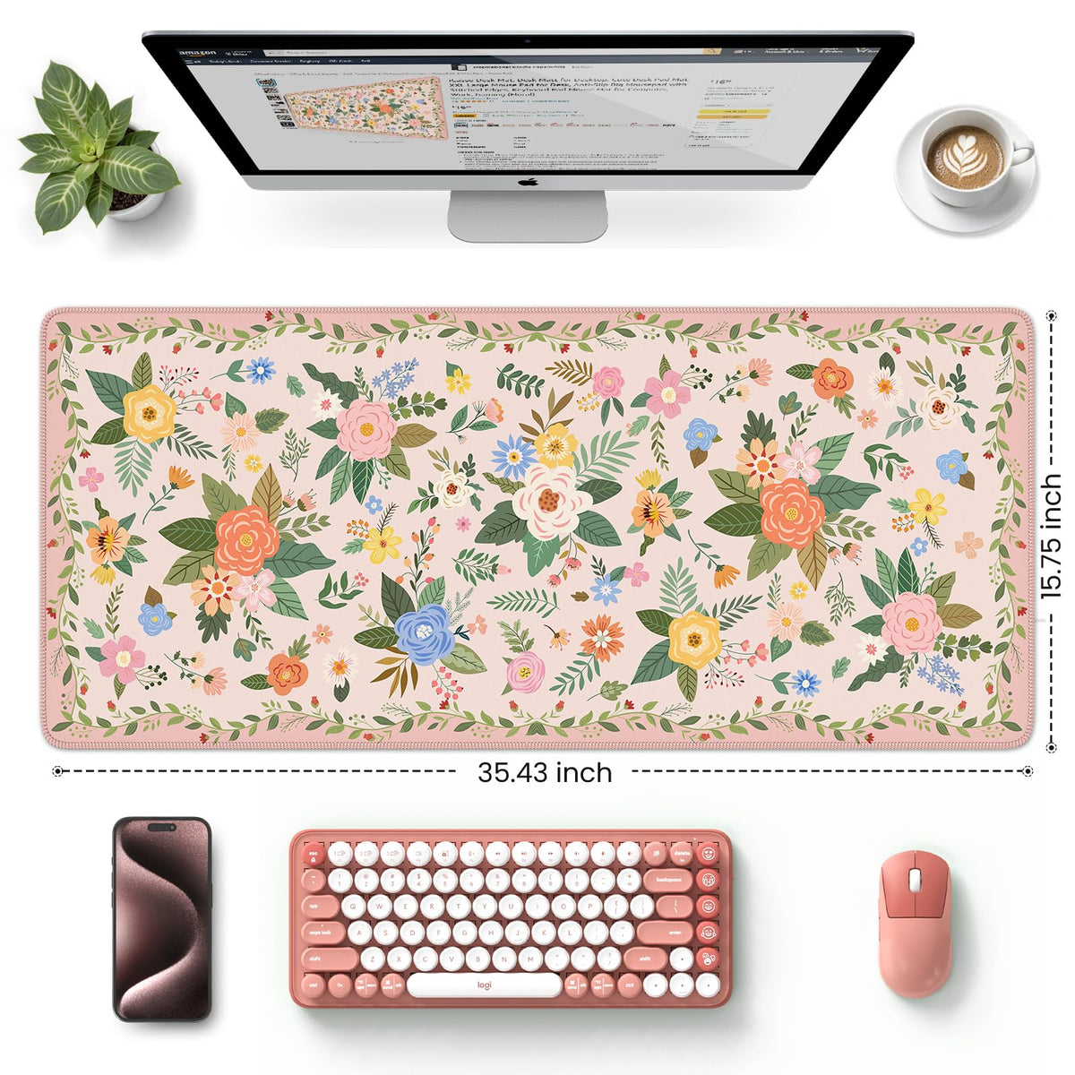 HAOCOO Light Pink Cute Deskmat, 35.4" x 15.7" Computer Pad for Home Desk