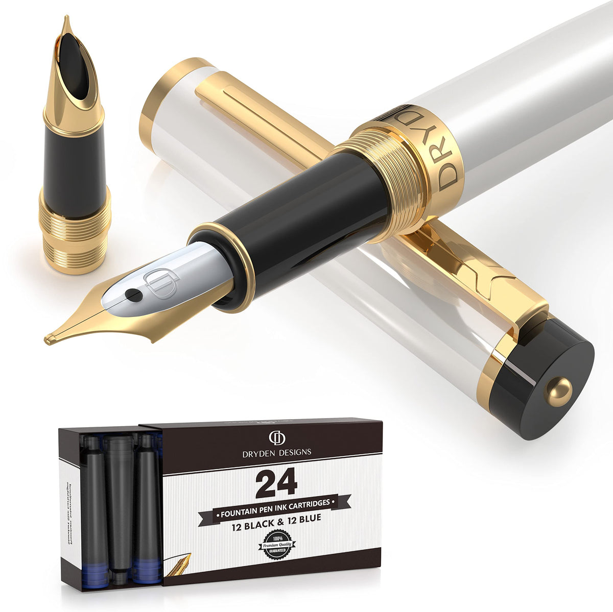 Dryden Designs Fountain Pen - Medium and Fine Nibs | Includes 24 Ink Cartridges and Ink Refill