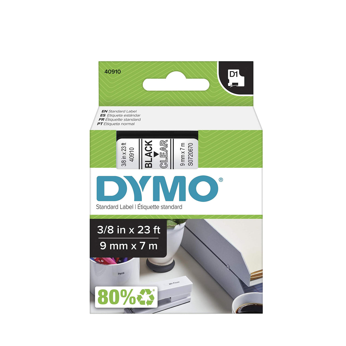 DYMO Standard D1 40910 Labeling Tape (Black Print on Clear Tape, 3/8'' W x 23' L, 1 Cartridge)