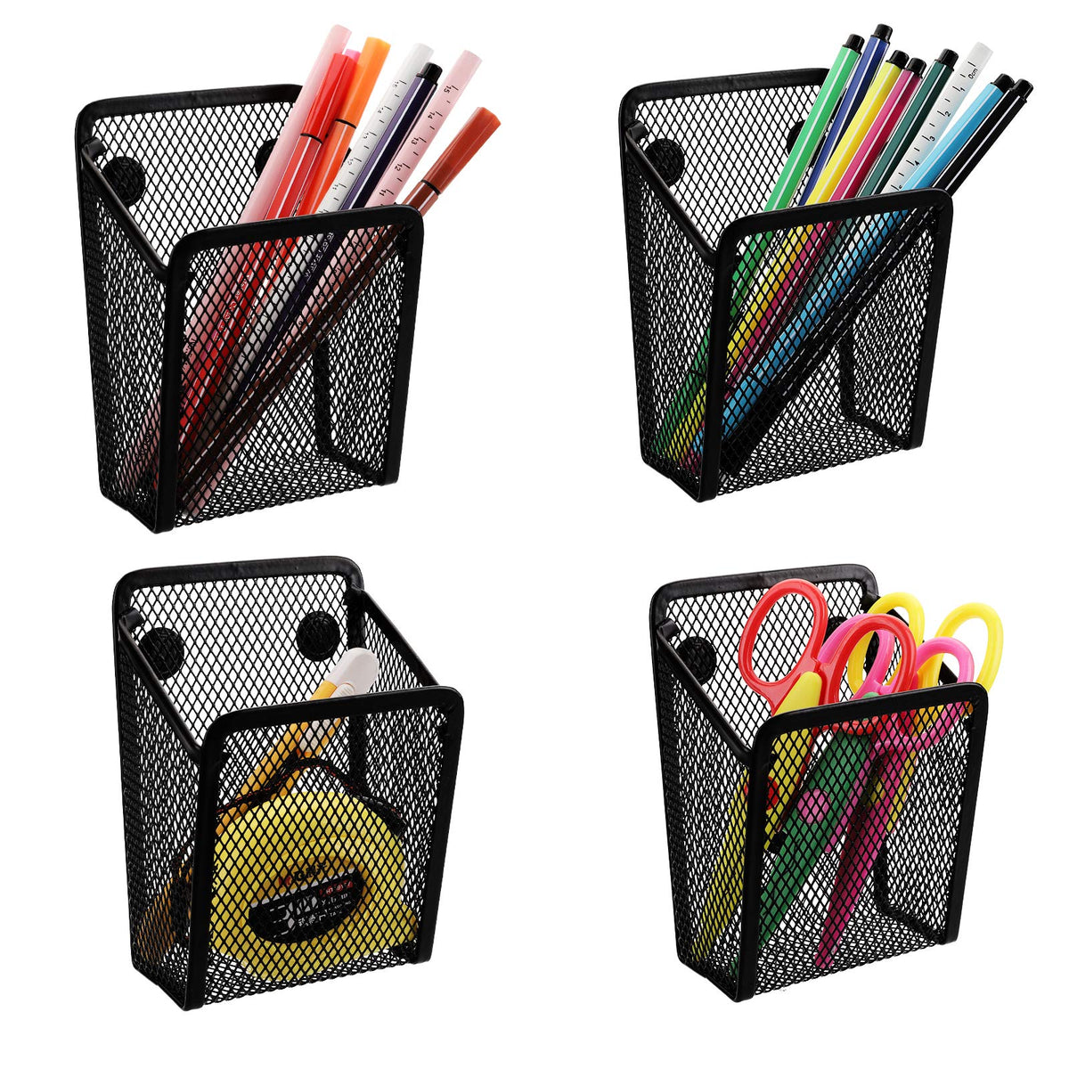 Jucoan ​​4 Pack Magnetic Pen Pencil Holder, Metal Mesh Magnetic Locker Organizer Pen Cup Baskets