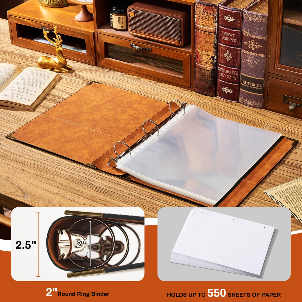 Ovesmusl PU Leather 3 Ring Binder 2 Inch Fits 8.5"x11" Letter Size Paper