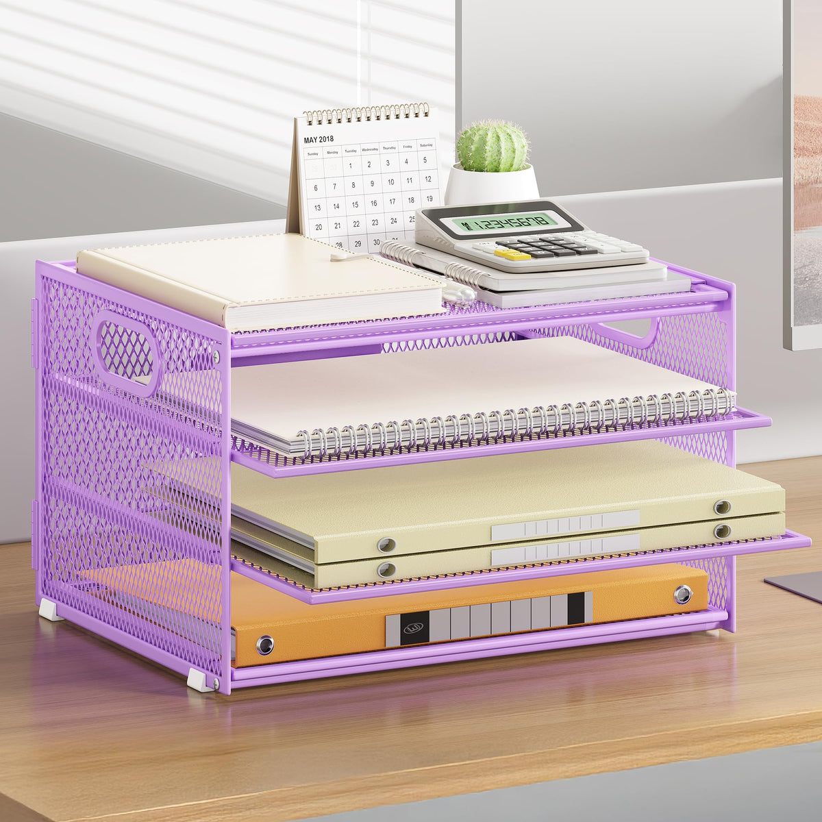 Paper Organizer with Handle,4 Tier Letter Tray Purple Desk Organizer Set