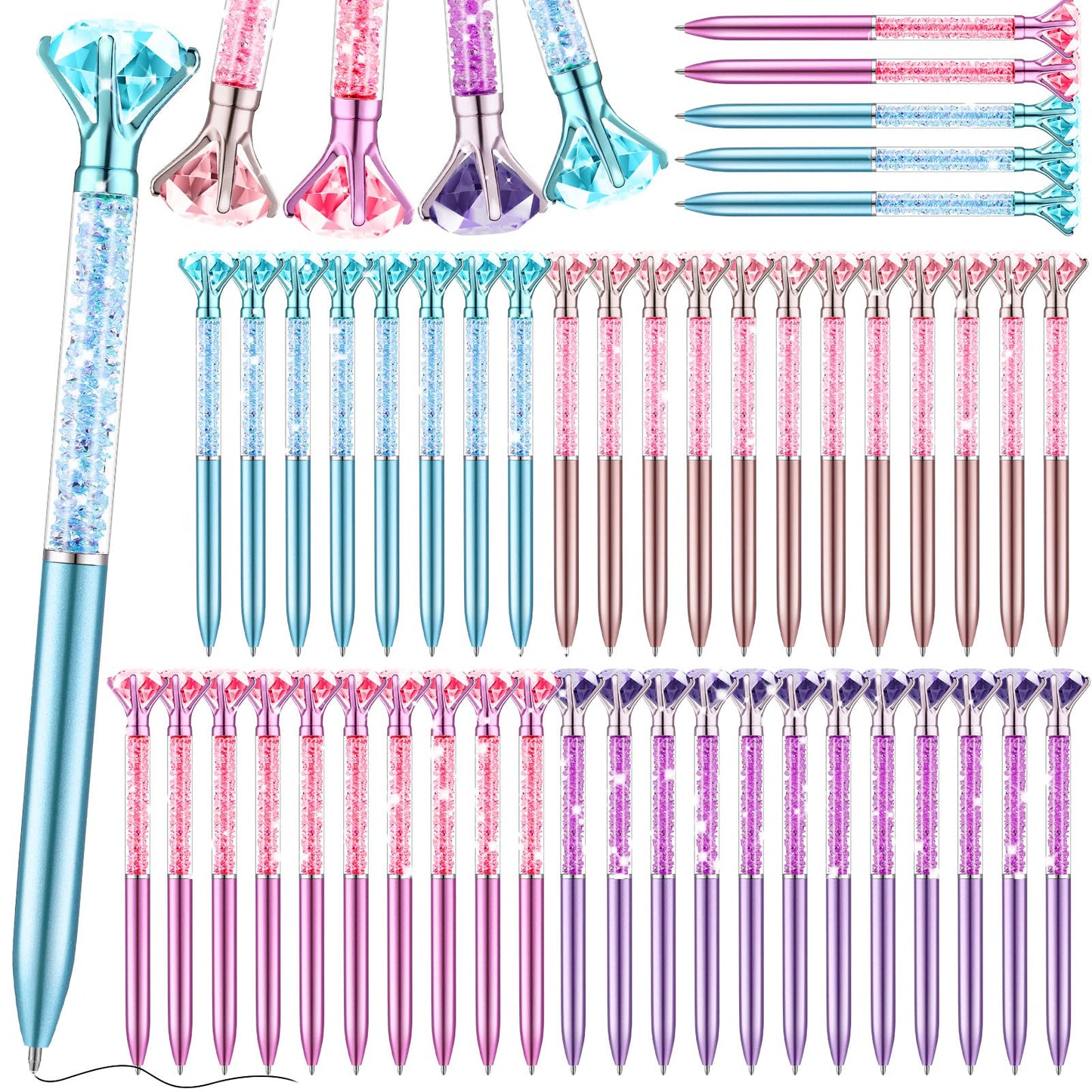 Leinuosen 48 Pcs Big Crystal Diamond Pens Bulk Bling Black Ink Rhinestones Ballpoint Pen Bridal