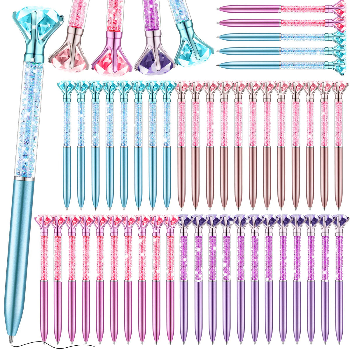 Leinuosen 48 Pcs Big Crystal Diamond Pens Bulk Bling Black Ink Rhinestones Ballpoint Pen Bridal