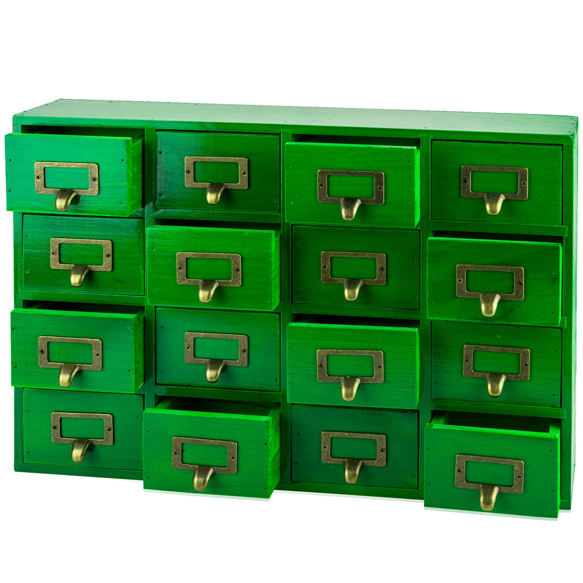 Emerald Green Wood 16-Drawer Apothecary Small Cabinet - 20"x3.6”x14” Card Catalog Style Table Top
