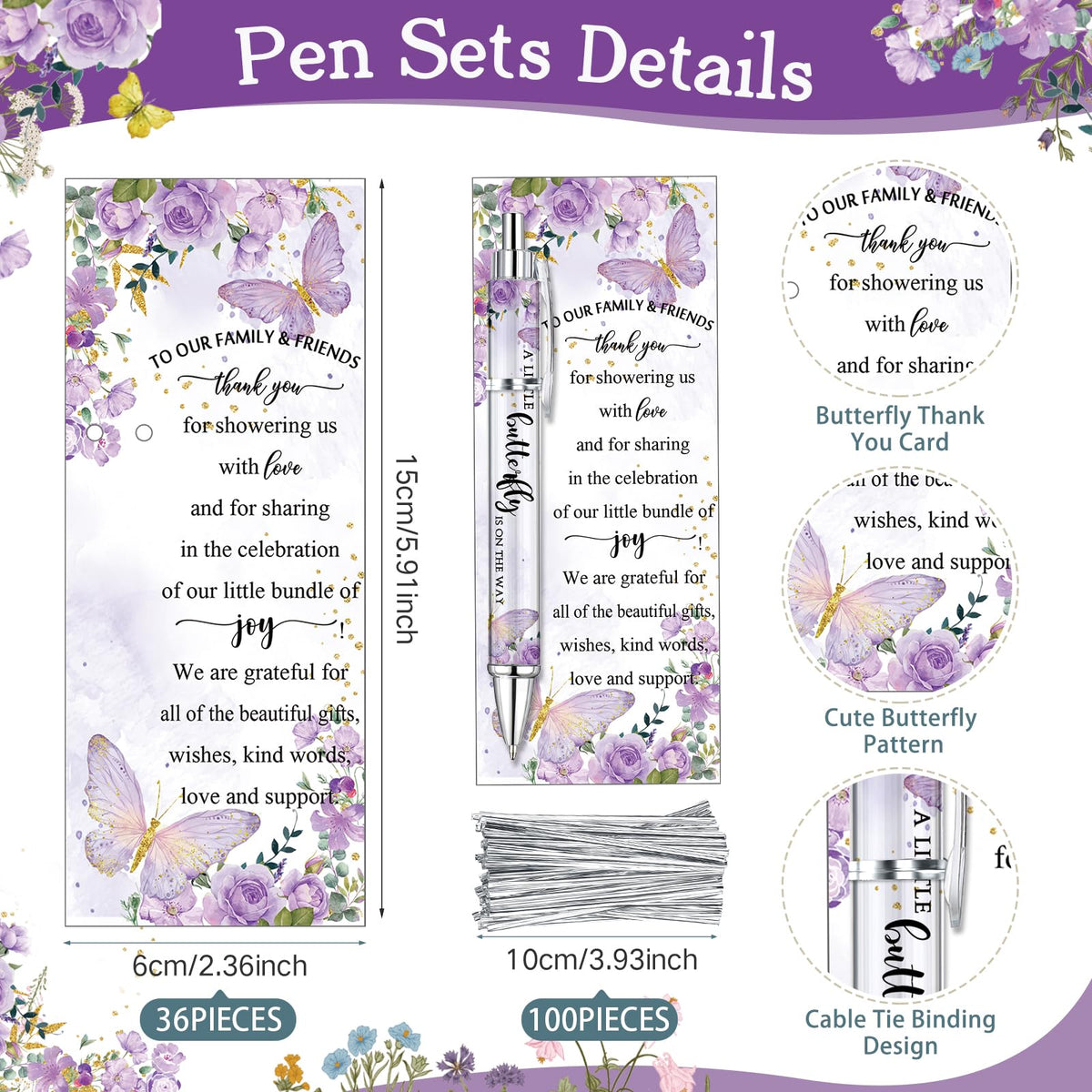 Dinifee 36 Sets Butterfly Baby Shower Favor, Purple Pen with Greeting Cards