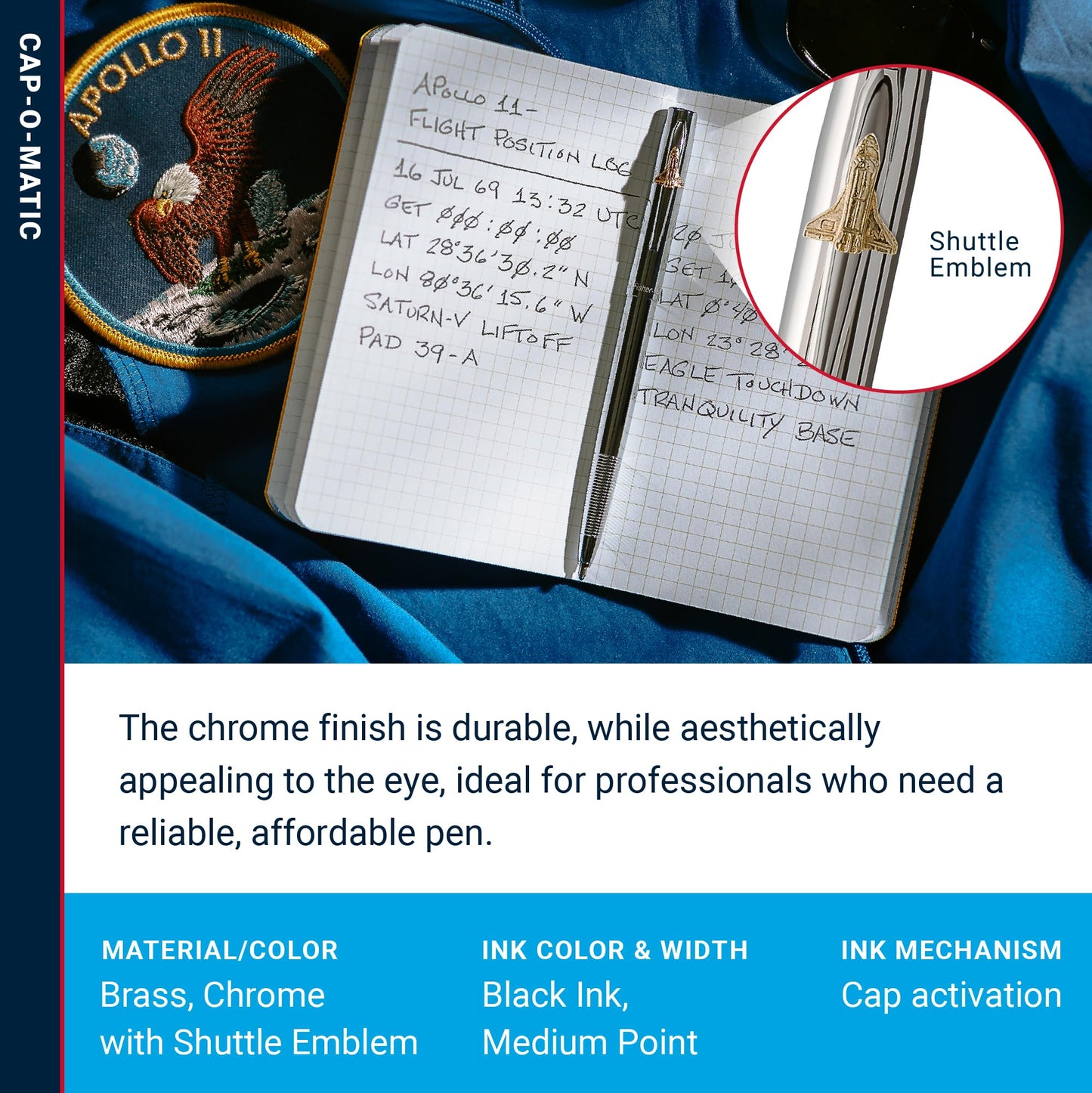 Fisher Space Pen Chrome Shuttle Cap-O-Matic Pen, Black Ink, Gift Box