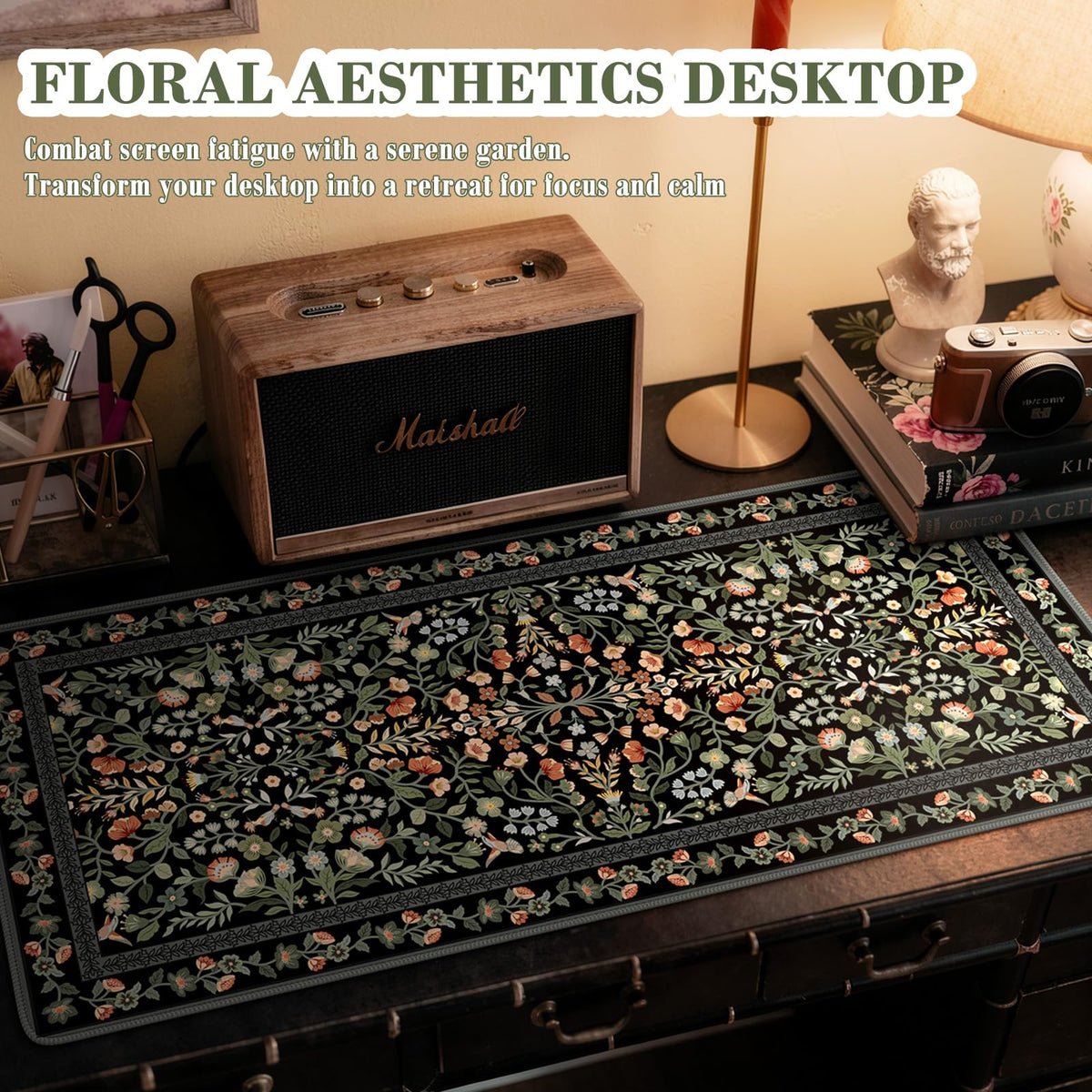 iCasso Floral Desk Mat,Mouse Pad for Office Decor,35.4x15.7in,Black