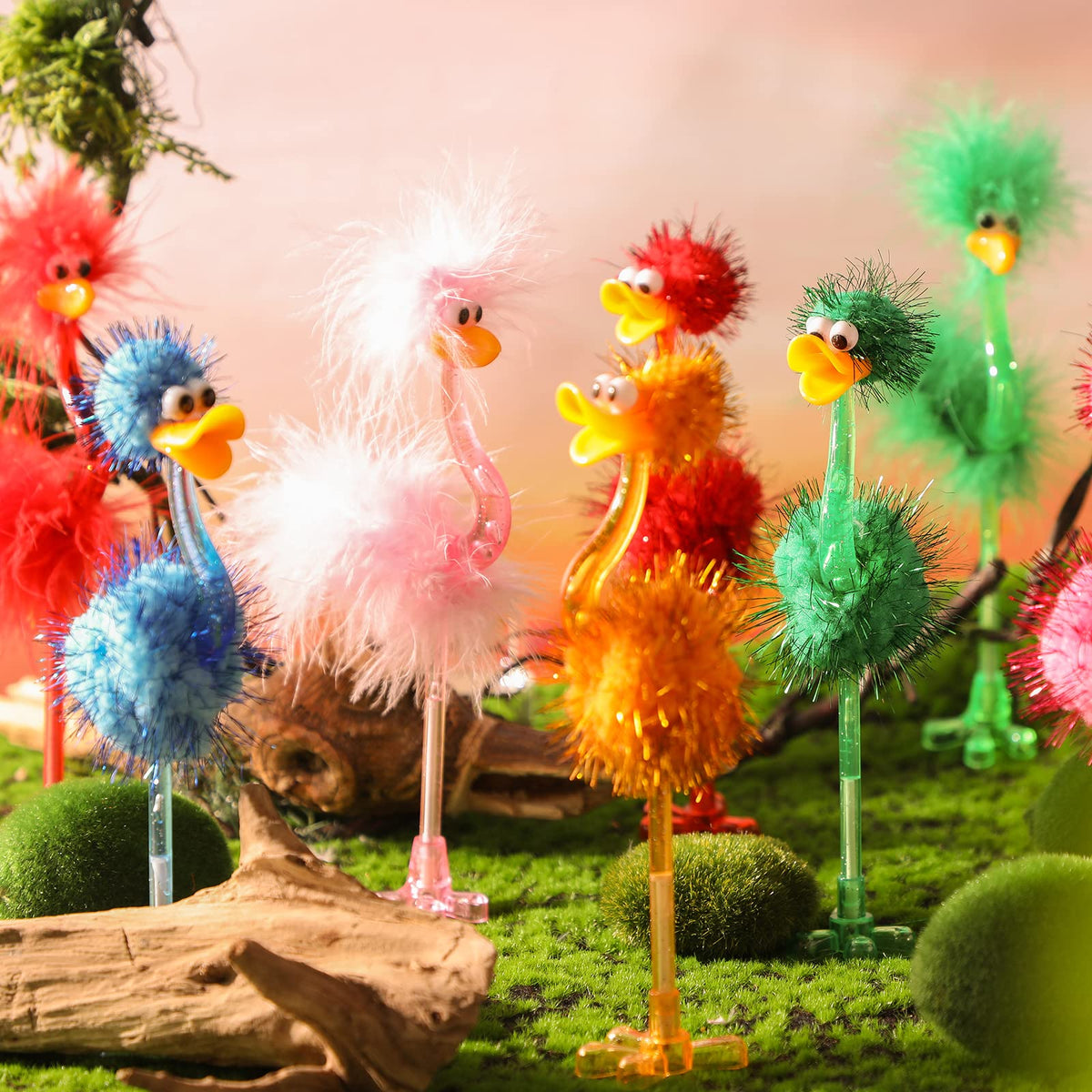 Tinlade 24pcs Fun Flamingo Ostrich Pens Fluffy Fuzzy Novelty Pen, Blue Ink