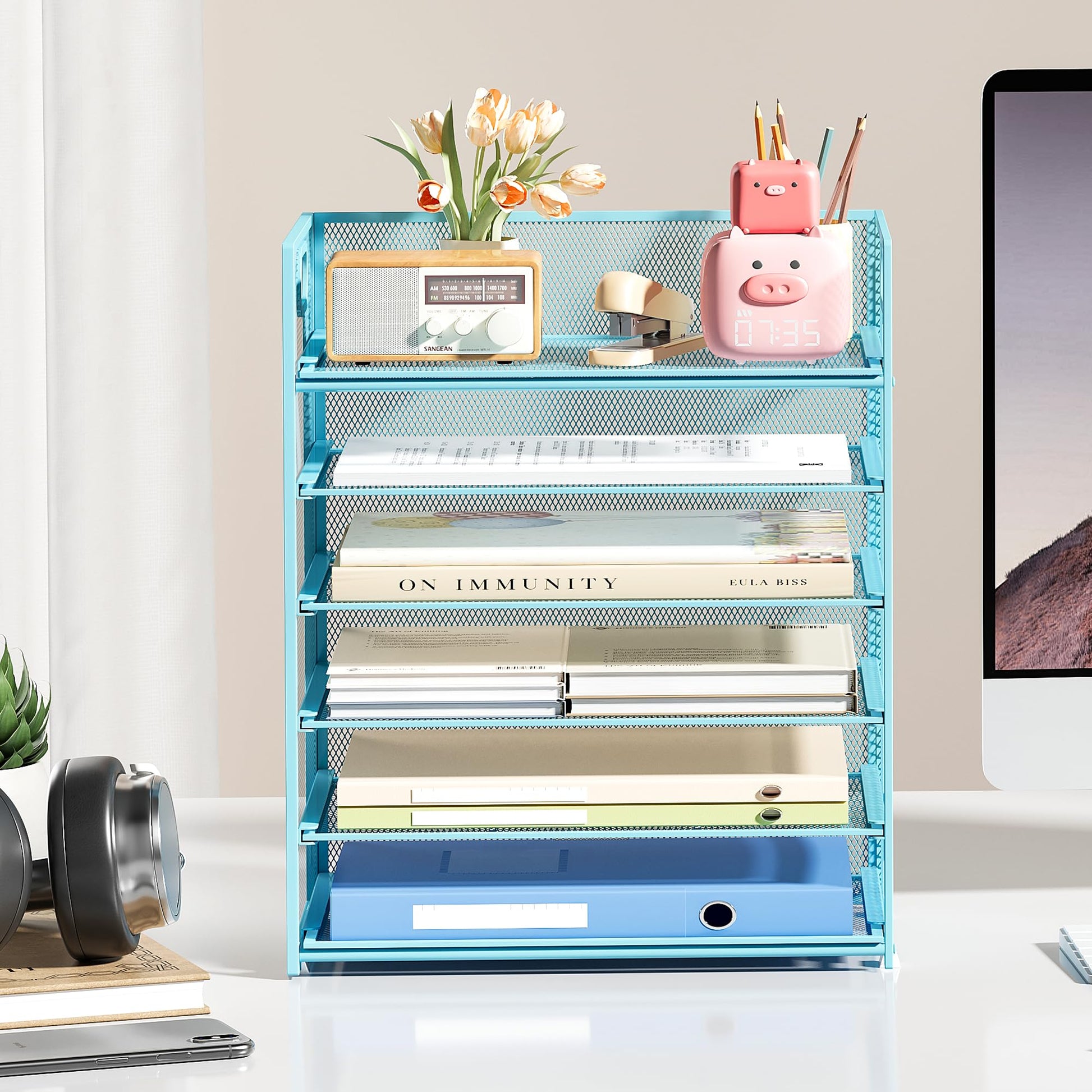 Subekyu 6-Tier Desk Paper Organizer, Desktop File Letter Tray with Handle, Document Sorter and