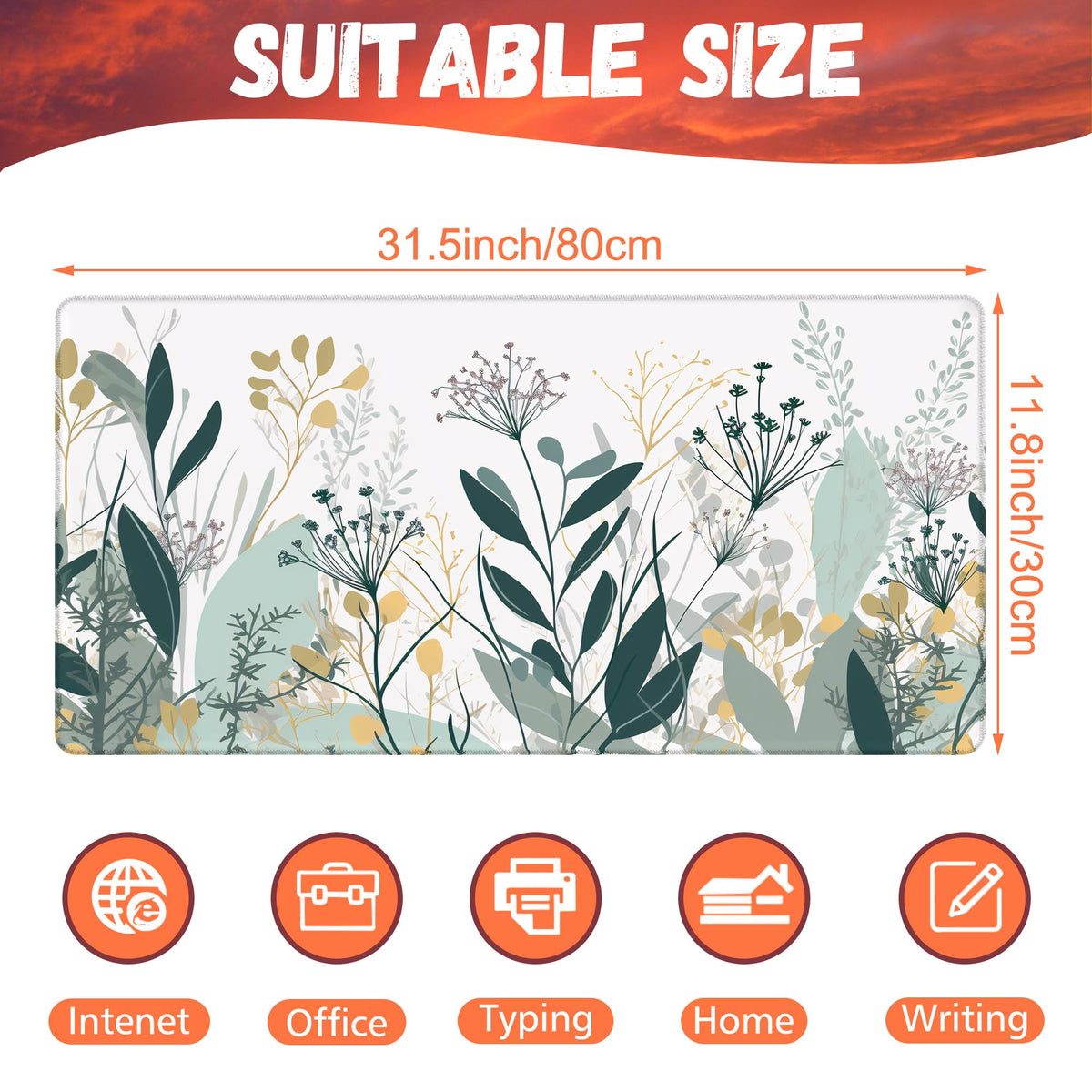 KOAIWPAE Desk Mat, Green Gold Plant Leaves Desk Pad, Wildflowers Large Gaming Mouse Pad for Desk