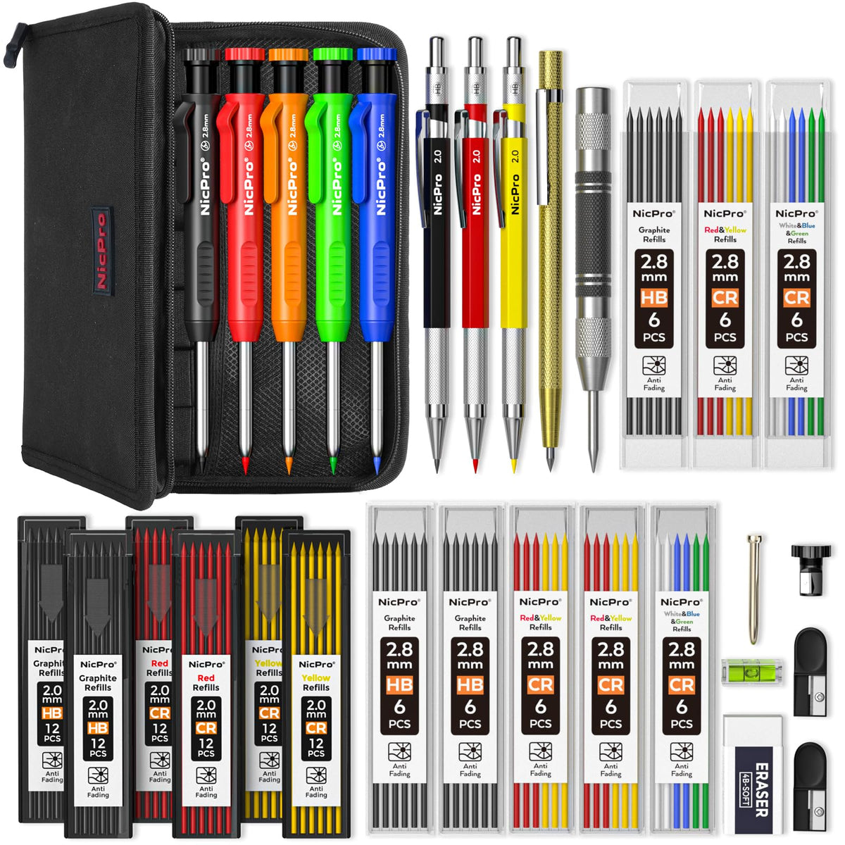 Nicpro 31 Pack Carpenter Pencil Set with Sharpener, Canvas Case