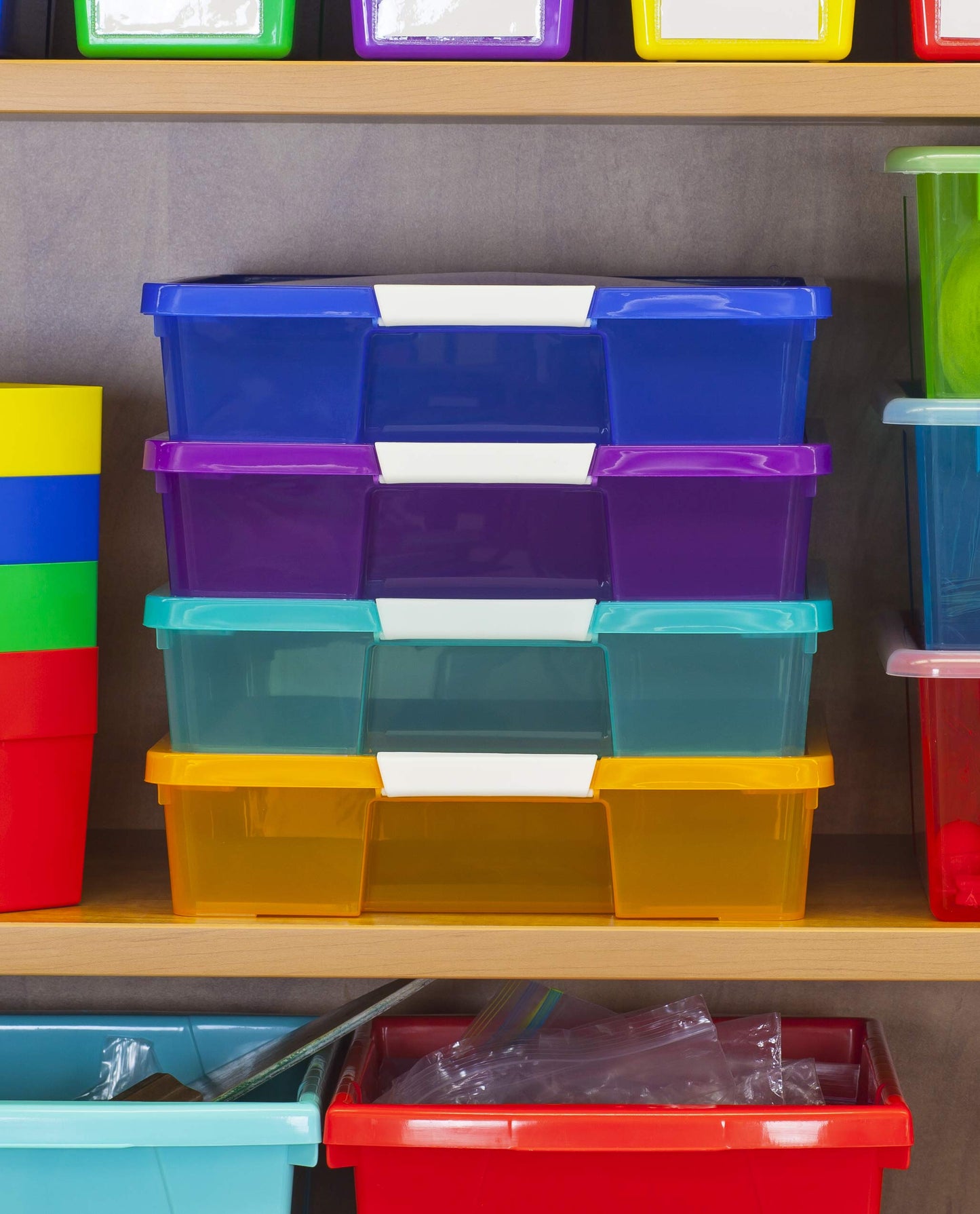 Storex Classroom Craft Project Box – Stacking Plastic Organizer Fits 12x12 Scrapbooking Paper