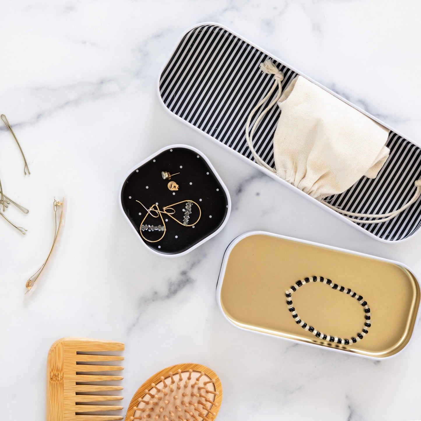 Three by Three Seattle Metal Drawer Organizer Tray Set, 6-Pc, 1" (Gold)