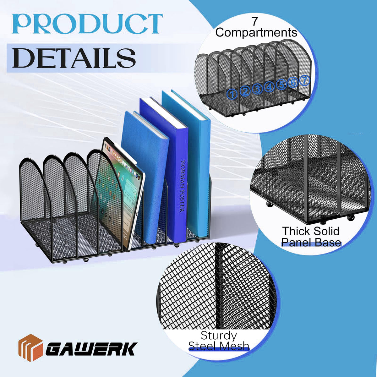 Gawerk 7-Section Desk File Organizer, Mesh Desktop File Sorter for Office