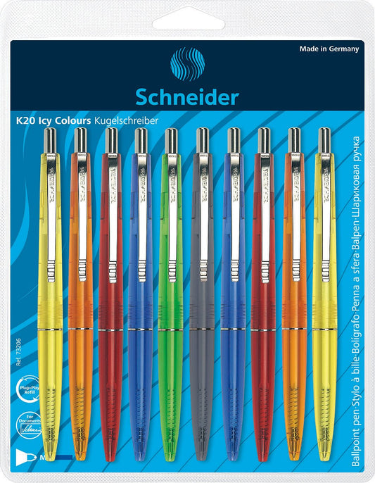 Schneider ICY Colours K20 Ballpoint Pens, M, Blue, Pack of 10 on Blister Card Assorted Colours