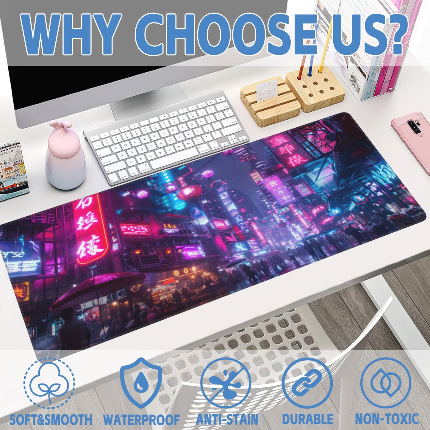 Desk Mat,Cyberpunk Neon City Large Gaming Mouse Pad for Desk XL,Futuristic Night Street Desk