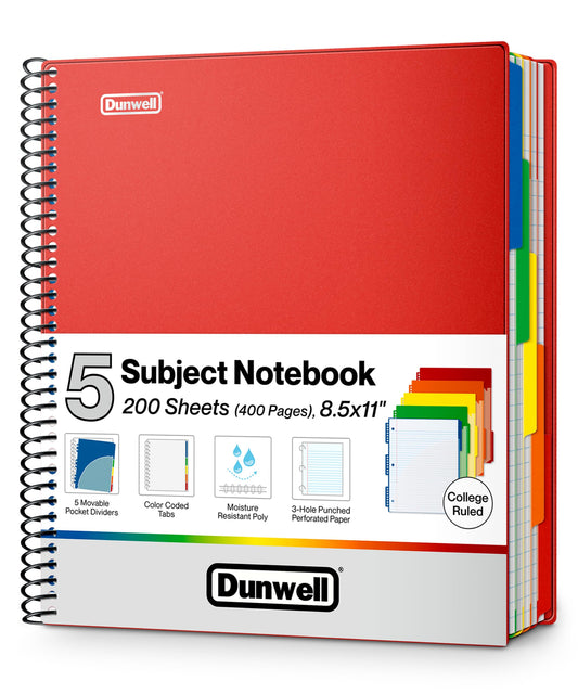 Dunwell 5-Subject Spiral Notebook 8.5x11, College Ruled, 200 Sheets, Red