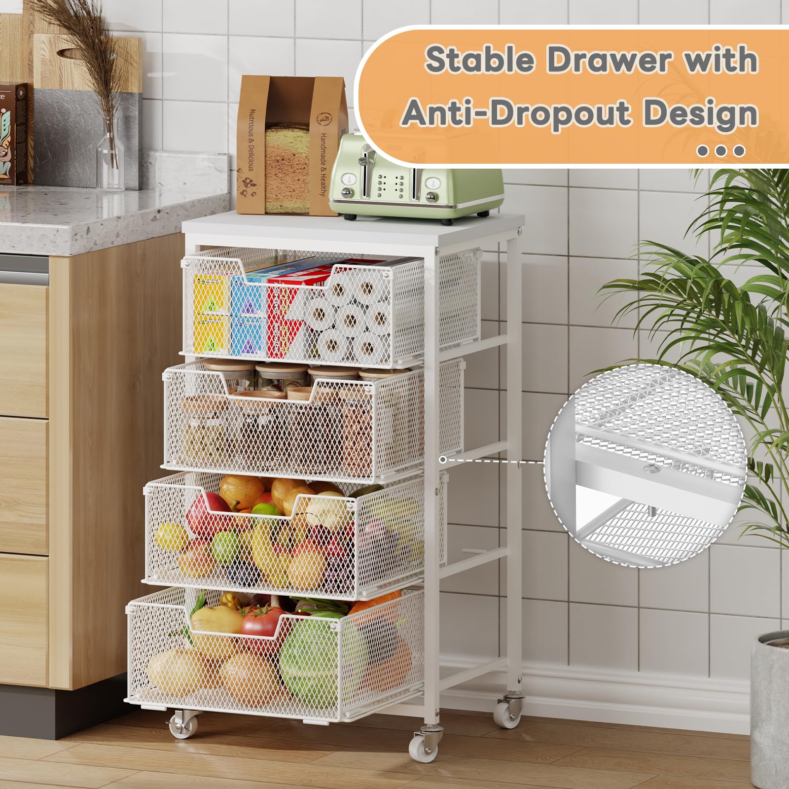 4-Tier Kitchen Storage Cart - Fruit Vegetable Storage Cart with Drawers, Wooden Top Metal Wire