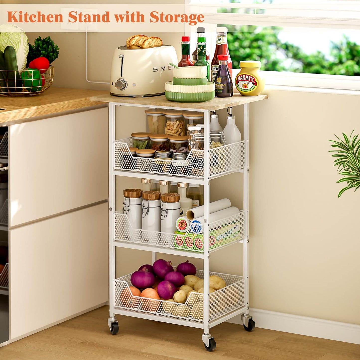 ThreeHio Rolling Kitchen Microwave Cart with Fruit Baskets, 4 Tier Microwave Table Stand with