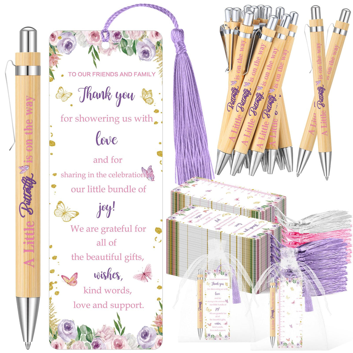 Gilprop 50 Set Baby Shower Favor for Guest Ballpoint Pen Bookmark Butterfly