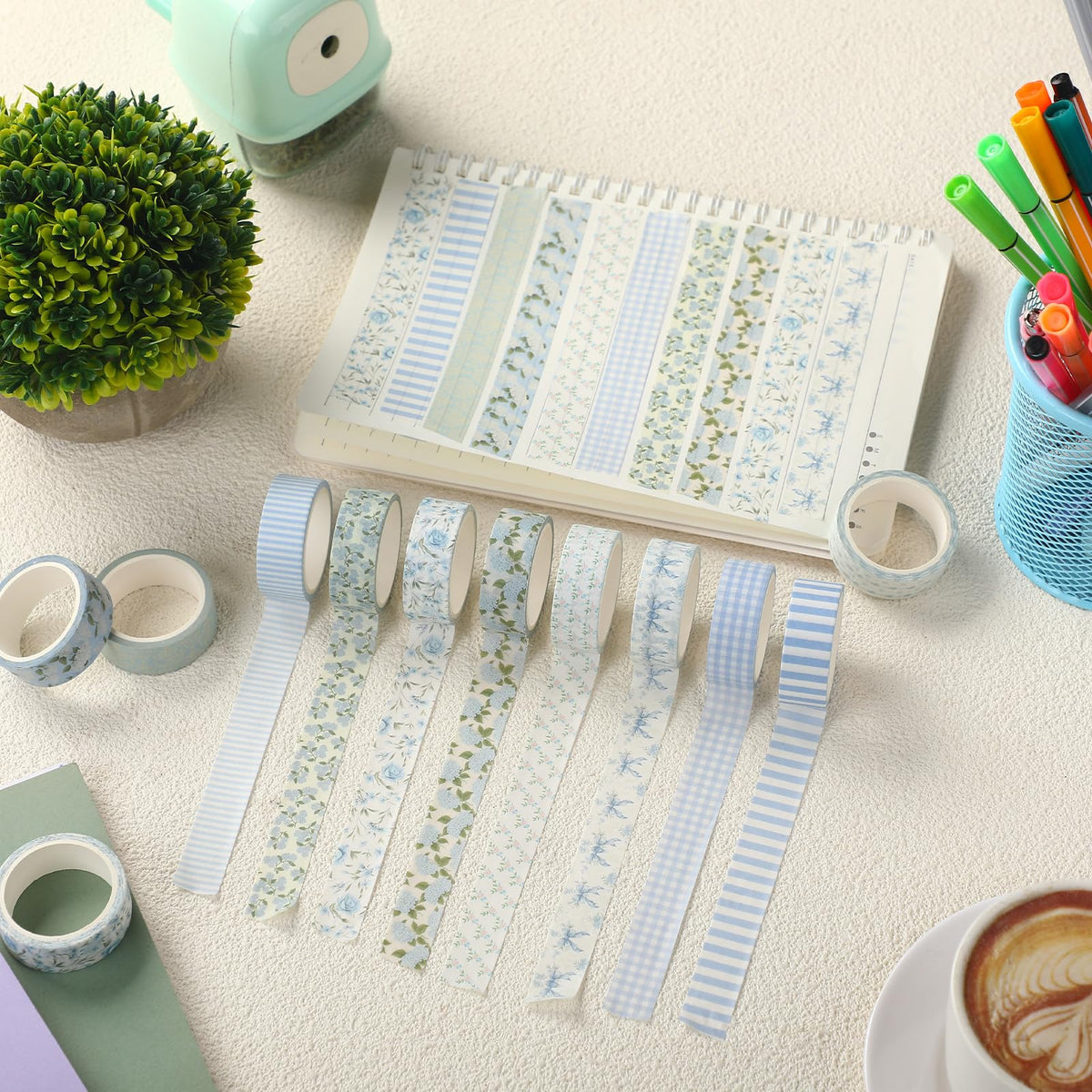 YooNotee 12 Rolls Floral Washi Tape Set,Dusty Blue,Rose and Hydrangea