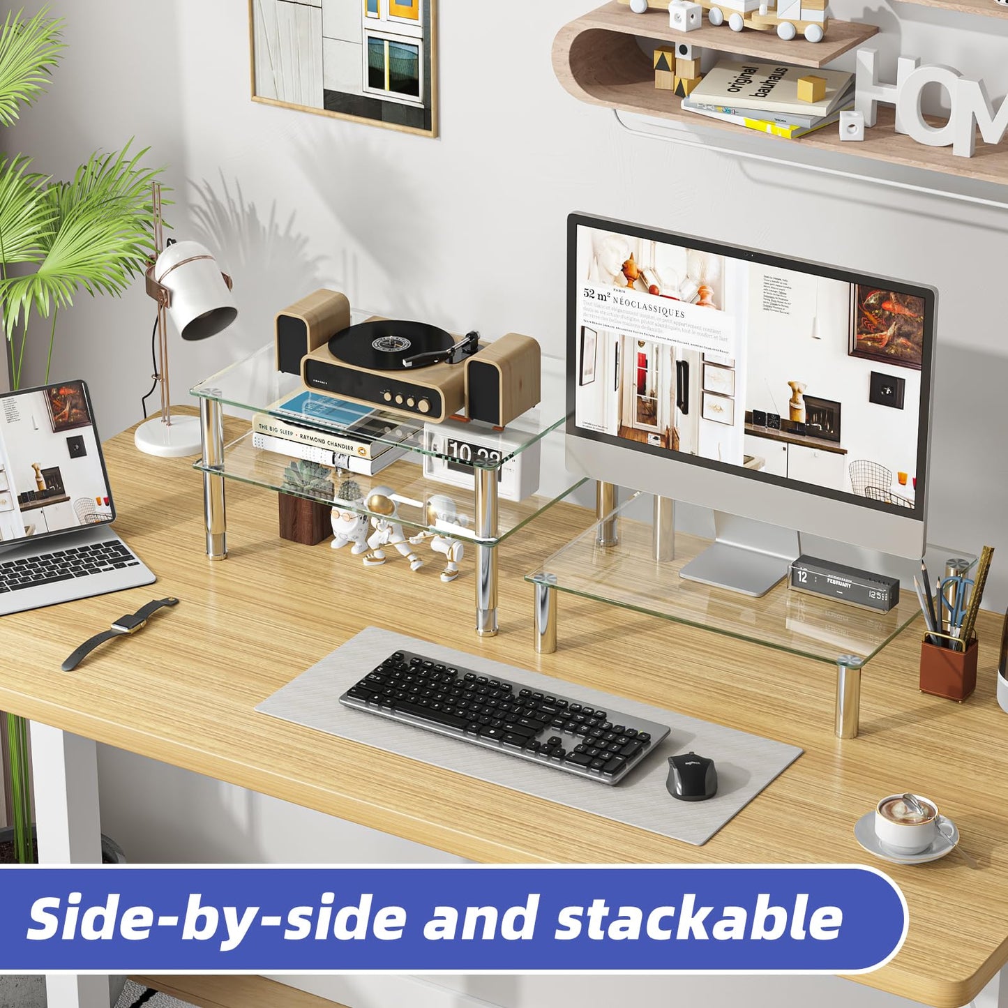 Simple Trending 2-Pack Tempered Glass Monitor Stand, Adjustable, Clear